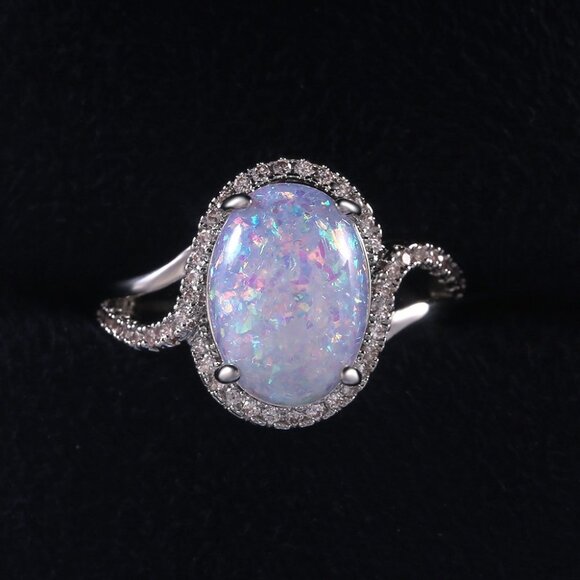 925 Silver Plated Dazzling Large Oval Gemstone Opal Ring for Women, VIP067 - Picture 1 of 7
